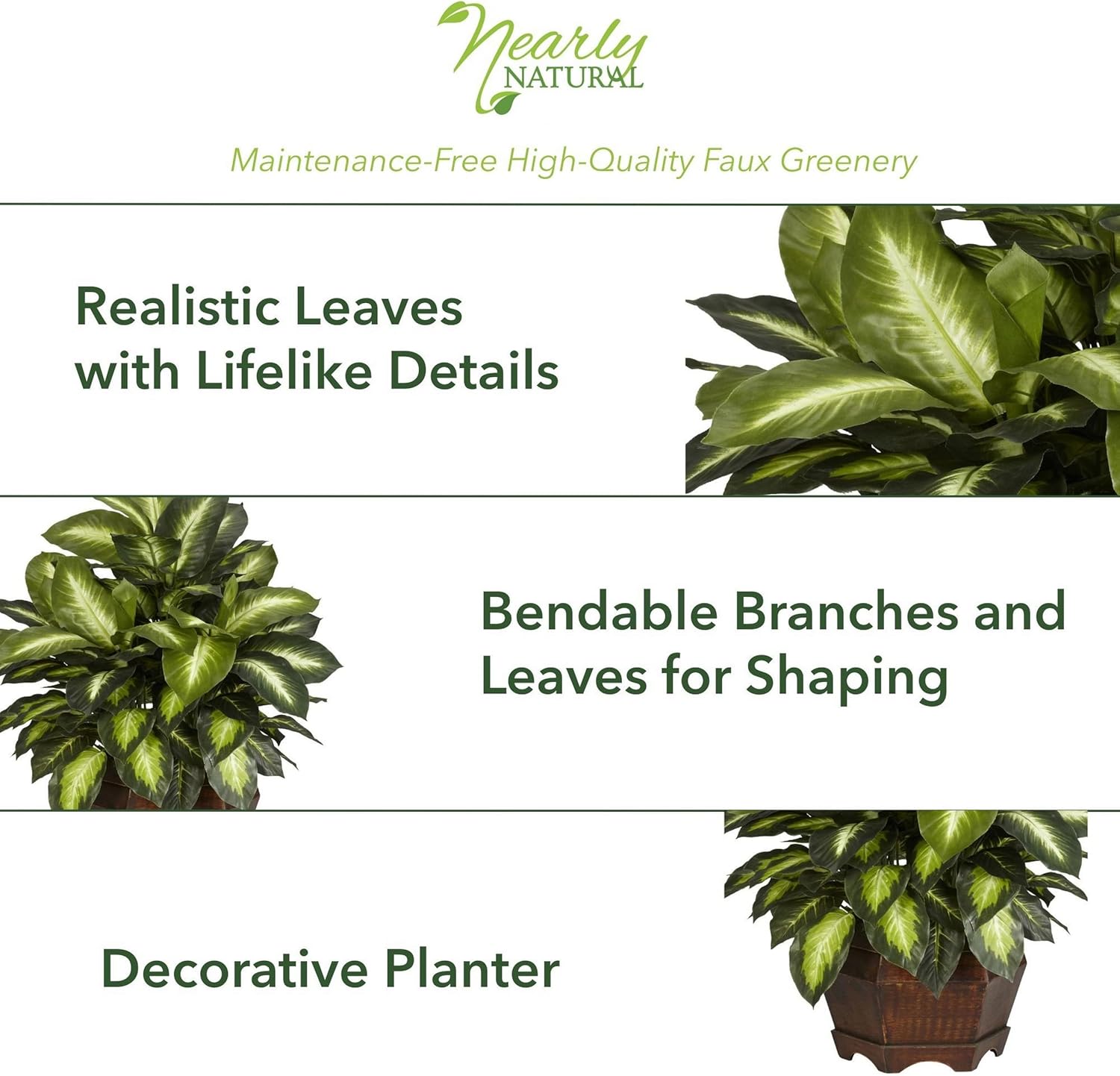 Nearly Natural 24in Artificial Dieffenbachia Silk Plant with Modern Hexagon Planter, Maintenance-Free Indoor Faux Greenery for Room Decor - Image 3