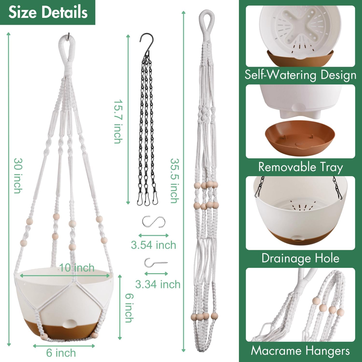 Set of 2-10 Inch Hanging Planters for Indoor Plants with Self-Watering Includes Hanging Pots for Plants, Outdoor Hanging Plant Pot with Drainage, and 2 Types of Hanging Baskets Hangers (White, 10inch) - Image 4