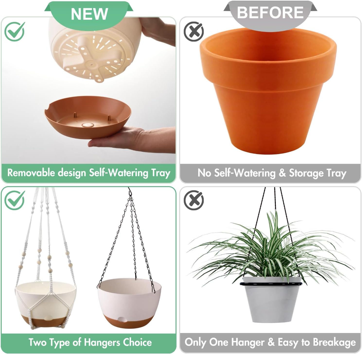 Set of 2-10 Inch Hanging Planters for Indoor Plants with Self-Watering Includes Hanging Pots for Plants, Outdoor Hanging Plant Pot with Drainage, and 2 Types of Hanging Baskets Hangers (White, 10inch) - Image 7