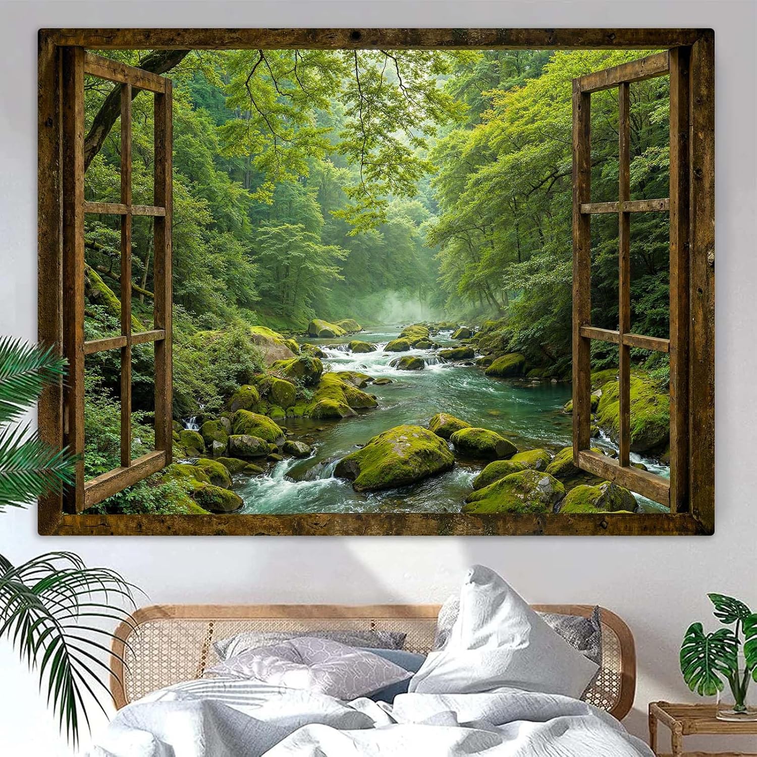 Accnicc Window Forest Tapestry Green Nature Jungle Wall Tapestry for Bedroom Aesthetic Rainforest Stream Outdoor Landscape Small Tapestries Wall Hanging for Dorm Living Room Decor 48 x 36 Inch - Image 4