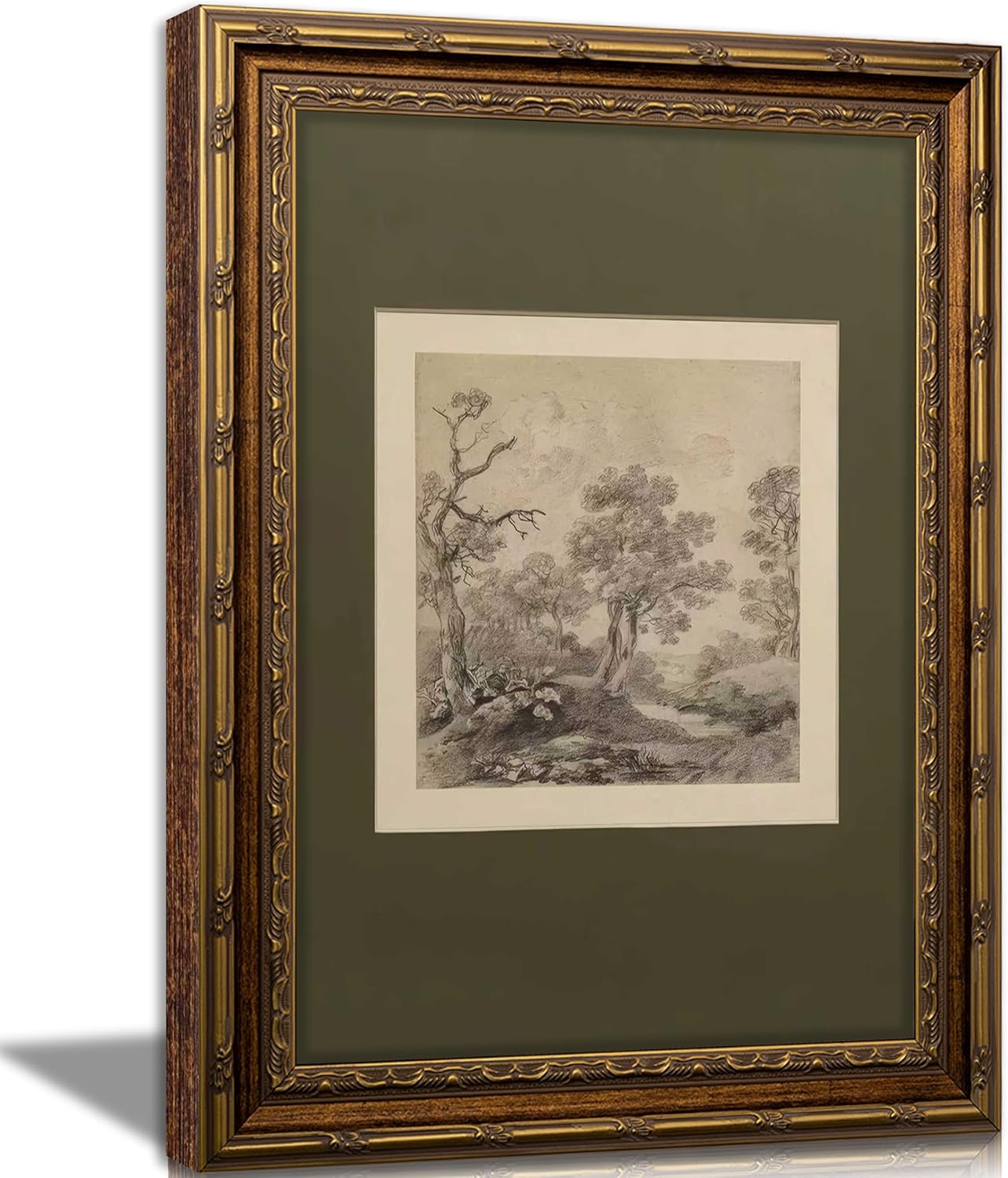 Vintage Gold Framed Wall Art Tree Forest Landscape Painting Canvas Prints Green Gray Tree Natural Sketch Picture Rustic Farmhouse Poster Artwork for Living Room Bedroom Bathroom, 9x11in