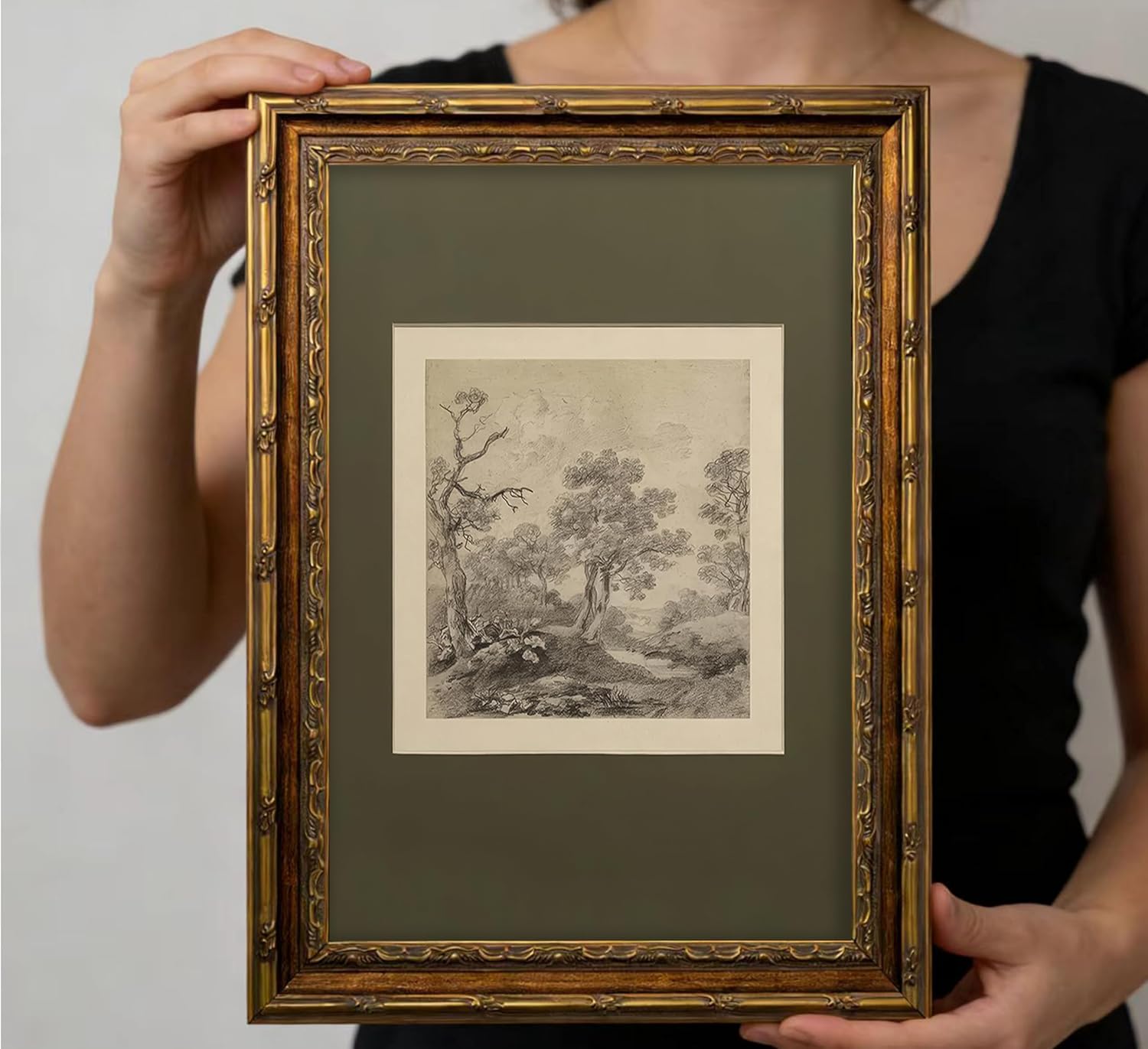 Vintage Gold Framed Wall Art Tree Forest Landscape Painting Canvas Prints Green Gray Tree Natural Sketch Picture Rustic Farmhouse Poster Artwork for Living Room Bedroom Bathroom, 9x11in - Image 6