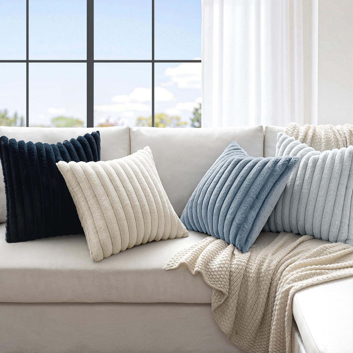 MIULEE Faux Fur Plush Decorative Throw Pillow Covers 18x18 Set of 4, Summer Modern Soft Fuzzy Coastal Striped Cushion Covers for Sofa Couch Bed Living Room Cozy Home Decor,Navy Blue - Image 2