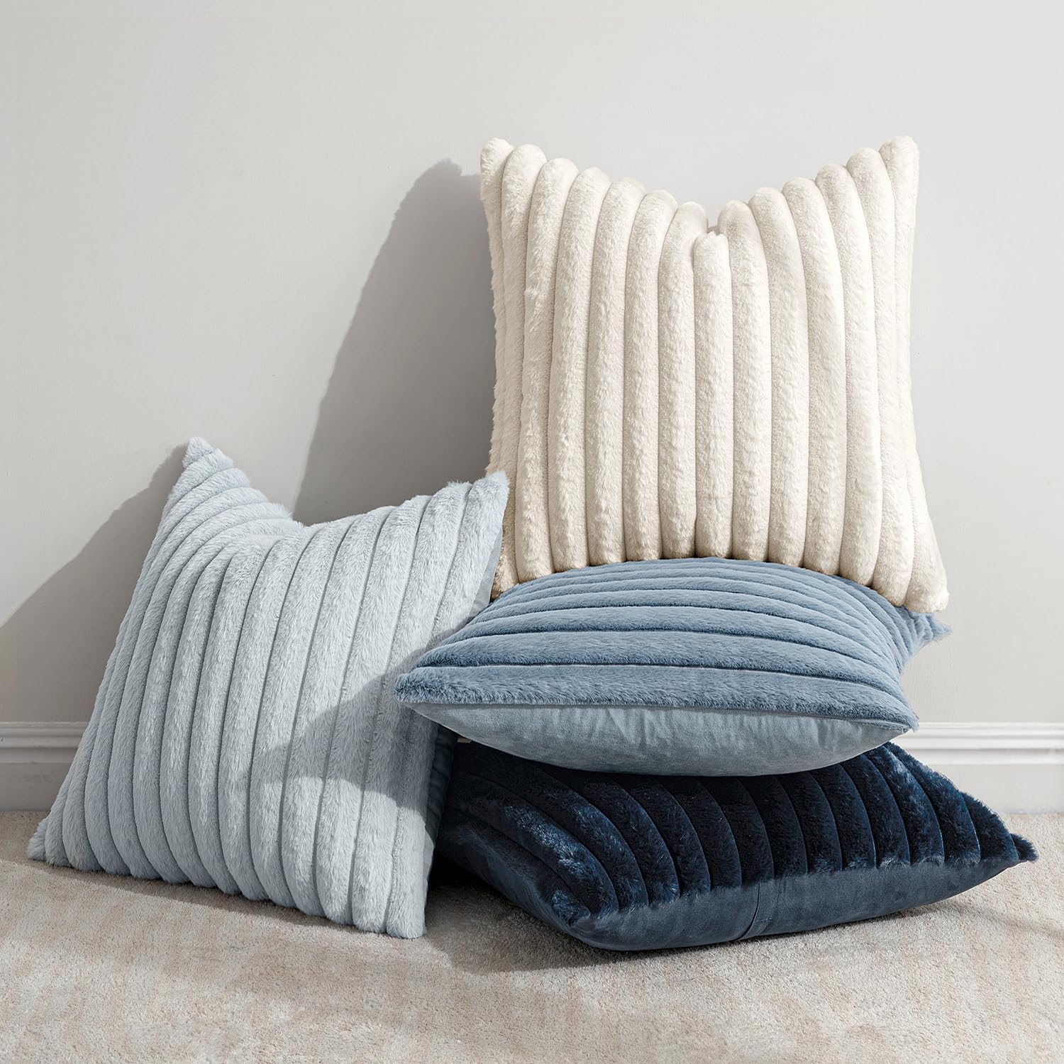 MIULEE Faux Fur Plush Decorative Throw Pillow Covers 18x18 Set of 4, Summer Modern Soft Fuzzy Coastal Striped Cushion Covers for Sofa Couch Bed Living Room Cozy Home Decor,Navy Blue - Image 3