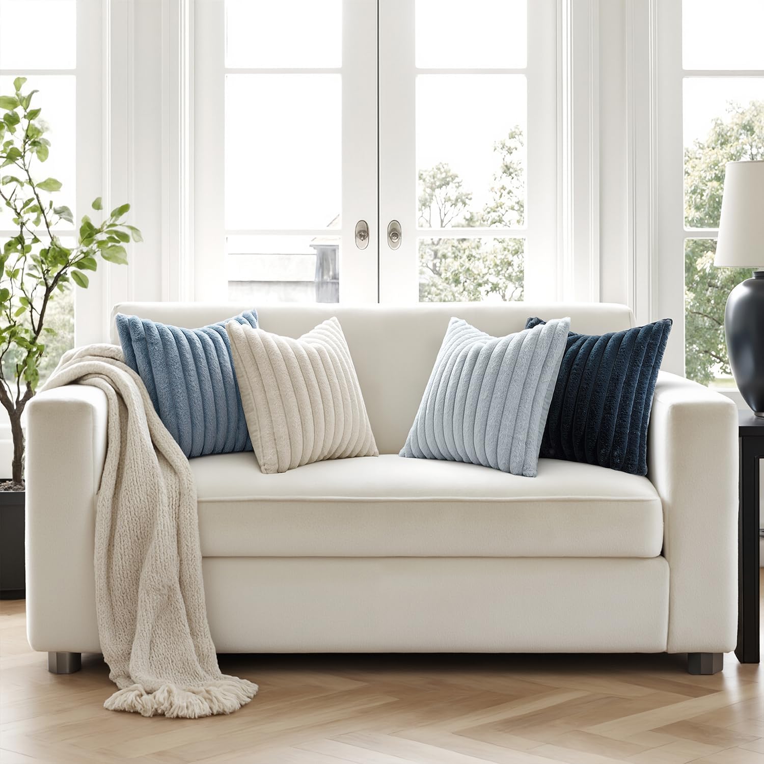 MIULEE Faux Fur Plush Decorative Throw Pillow Covers 18x18 Set of 4, Summer Modern Soft Fuzzy Coastal Striped Cushion Covers for Sofa Couch Bed Living Room Cozy Home Decor,Navy Blue - Image 4