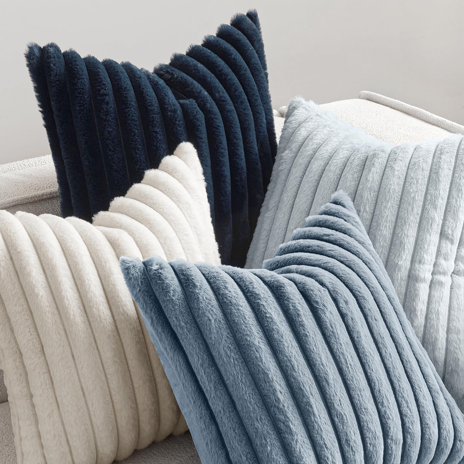 MIULEE Faux Fur Plush Decorative Throw Pillow Covers 18x18 Set of 4, Summer Modern Soft Fuzzy Coastal Striped Cushion Covers for Sofa Couch Bed Living Room Cozy Home Decor,Navy Blue - Image 5
