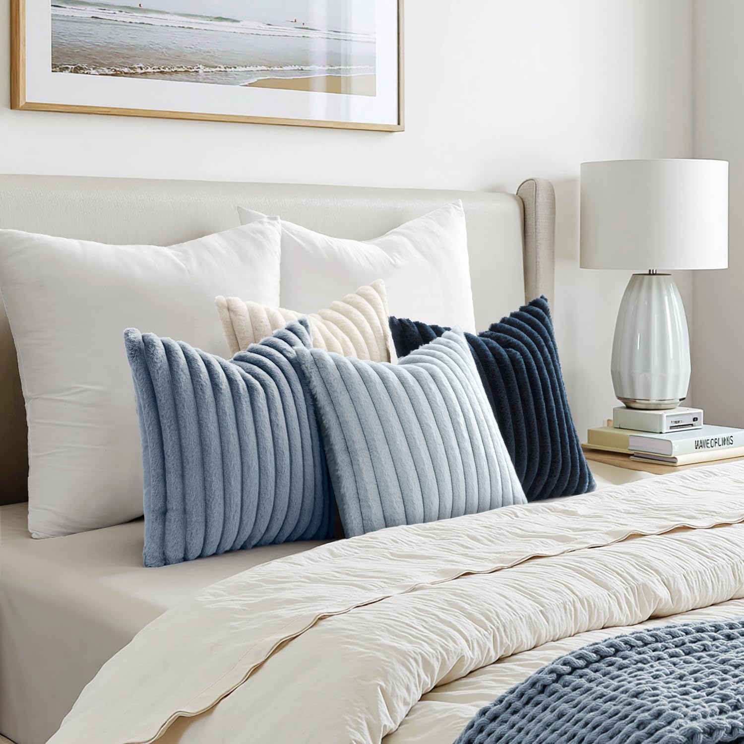 MIULEE Faux Fur Plush Decorative Throw Pillow Covers 18x18 Set of 4, Summer Modern Soft Fuzzy Coastal Striped Cushion Covers for Sofa Couch Bed Living Room Cozy Home Decor,Navy Blue - Image 6