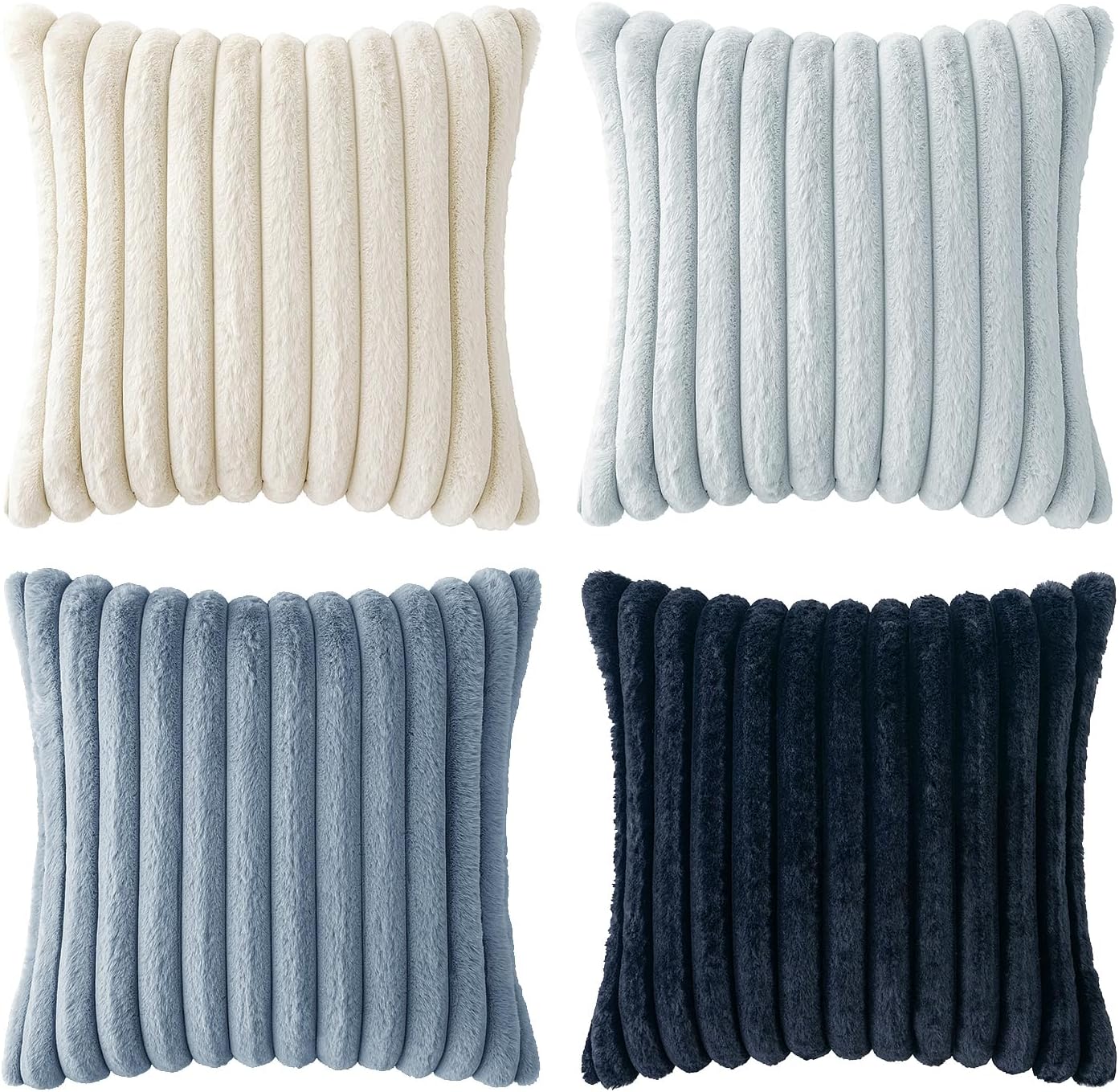 MIULEE Faux Fur Plush Decorative Throw Pillow Covers 18x18 Set of 4, Summer Modern Soft Fuzzy Coastal Striped Cushion Covers for Sofa Couch Bed Living Room Cozy Home Decor,Navy Blue - Image 8